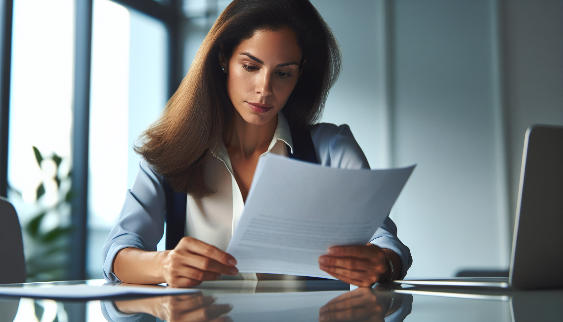 Professional at desk reading a polished printed document with focused skepticism