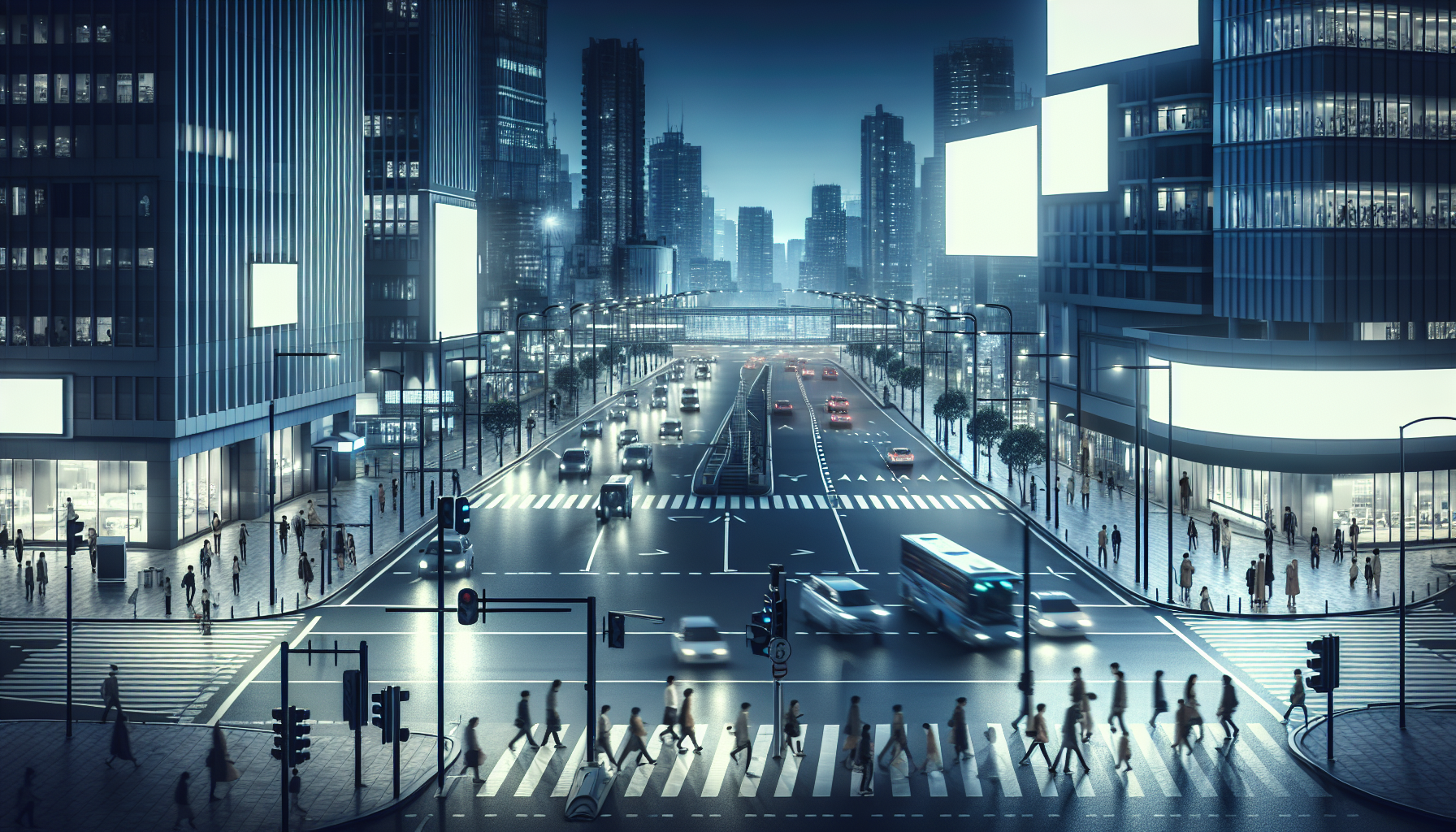 Urban street with sensors, screens, and pedestrian activity at night