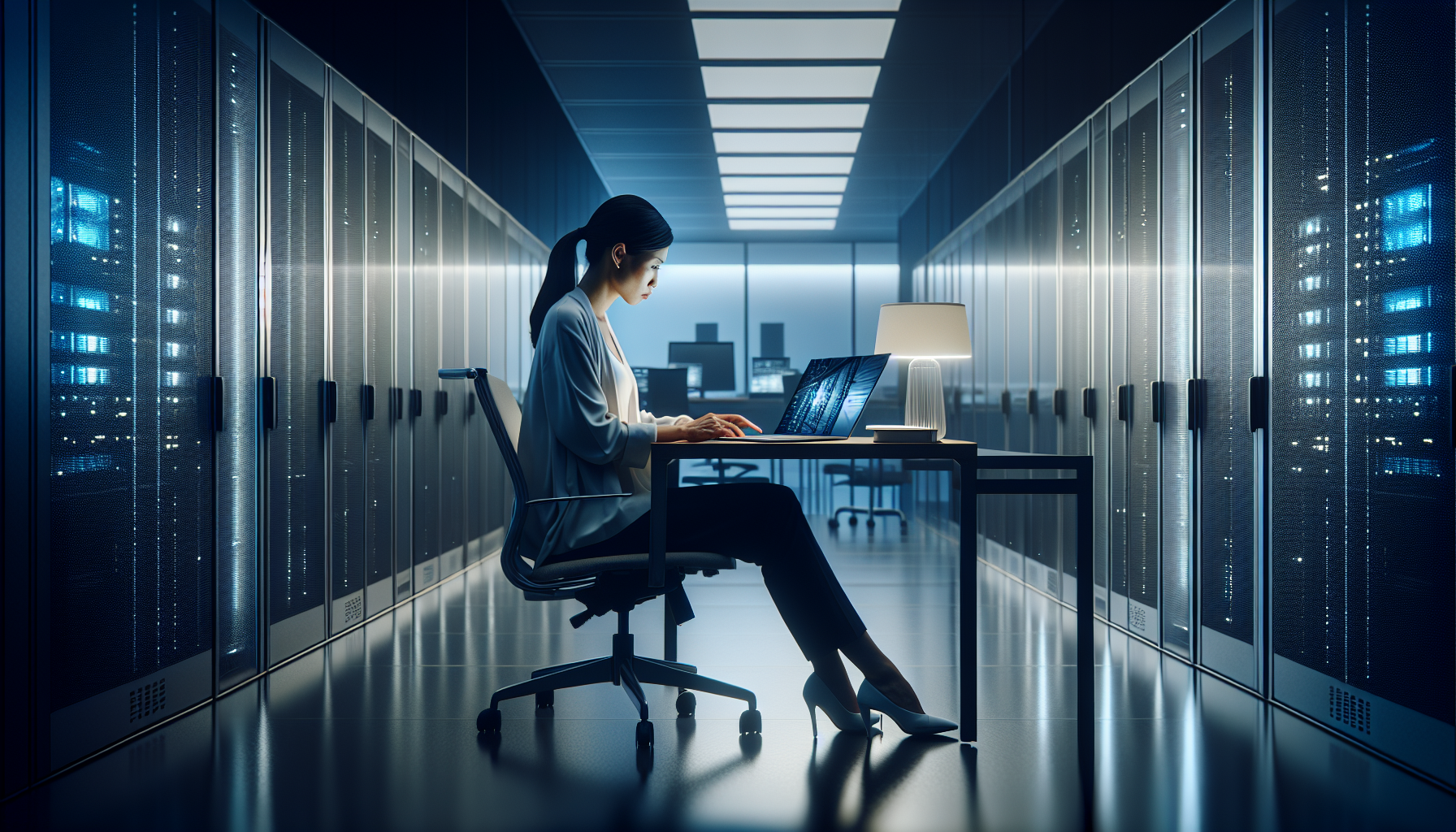 Engineer at a laptop in an office, unaware of server infrastructure behind them