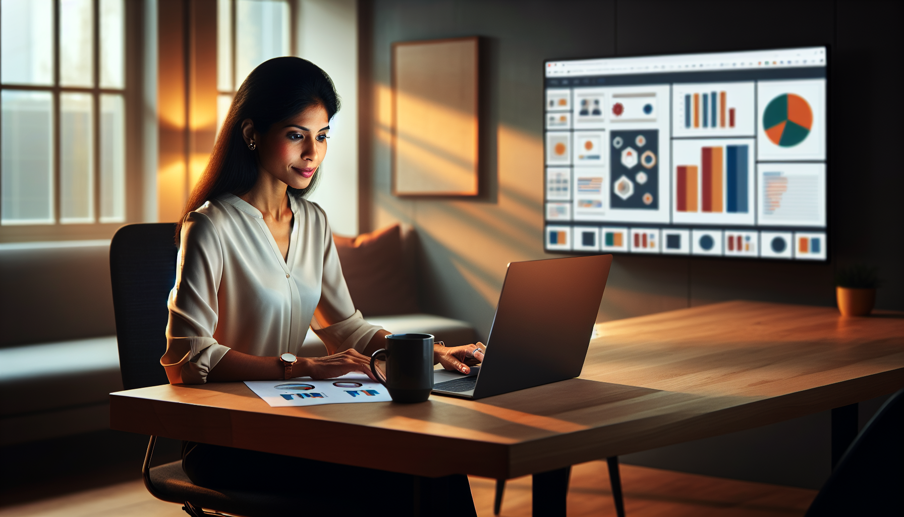 Professional reviewing PowerPoint slides on a laptop in an office