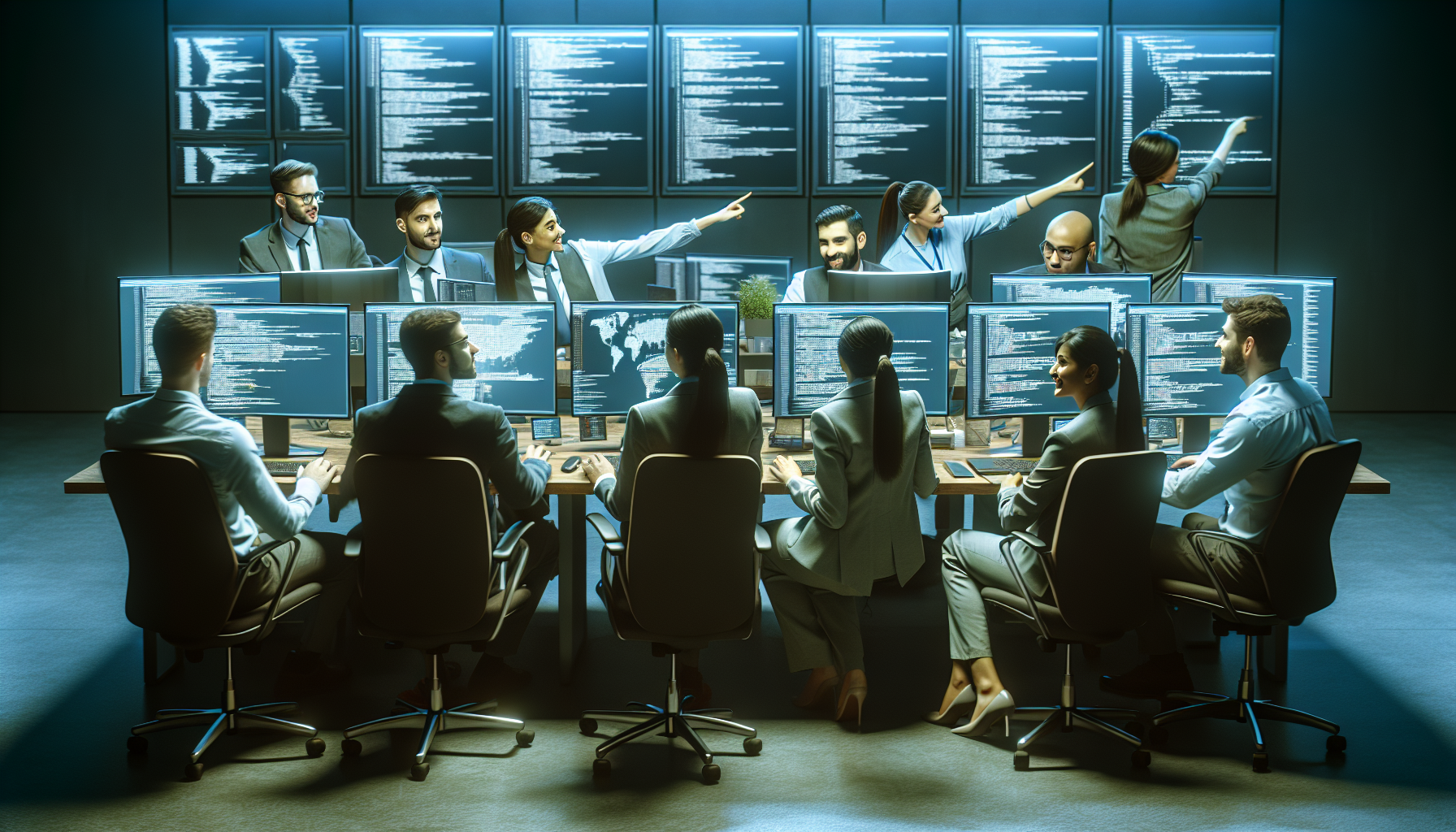 Security researchers working at computers in a collaborative workspace