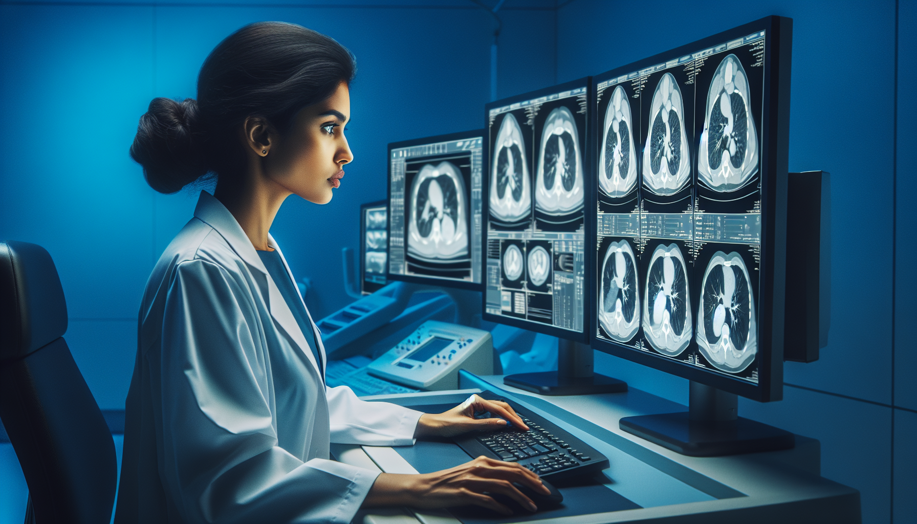 Radiologist reviewing AI-assisted medical imaging on diagnostic screen