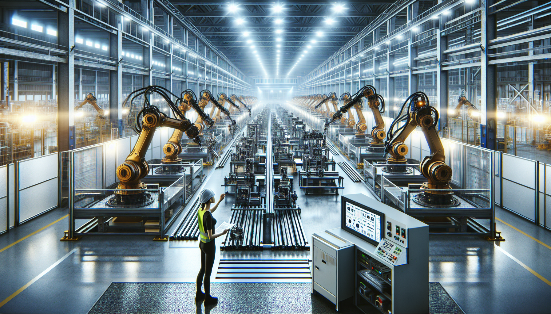 Factory floor with robotic arms and industrial machinery in operation