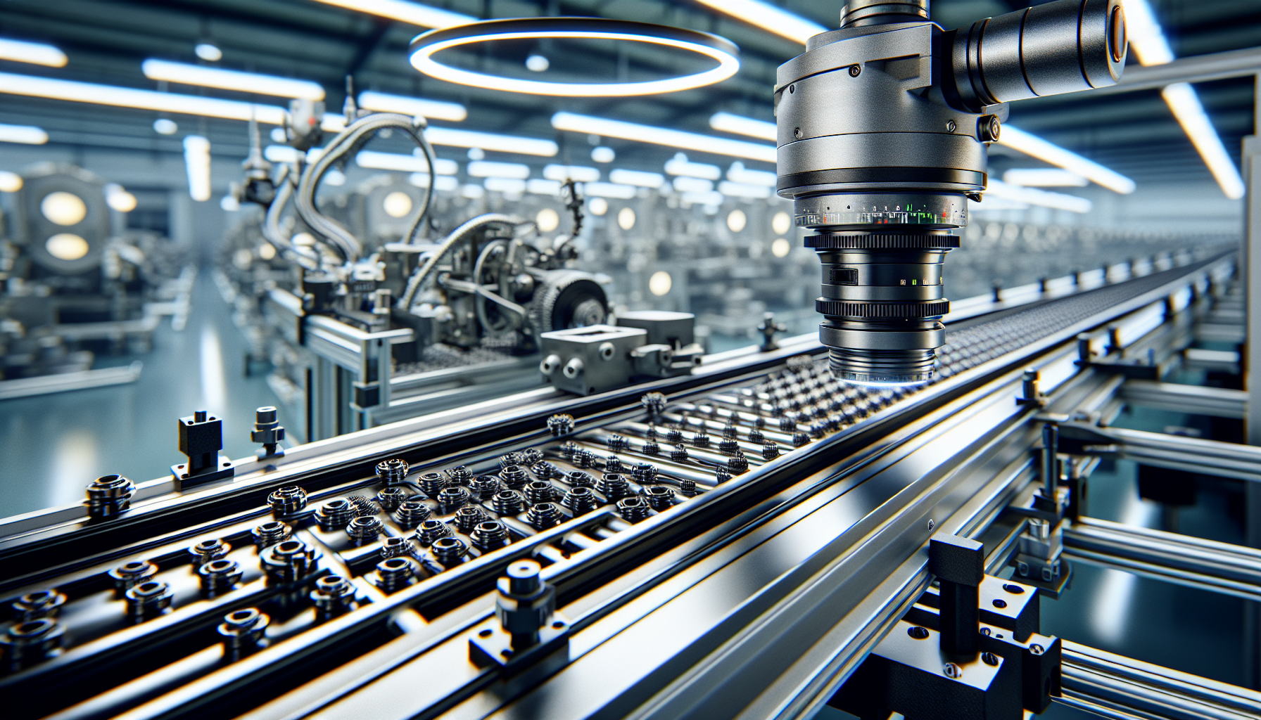 Industrial camera inspecting parts on a manufacturing conveyor belt