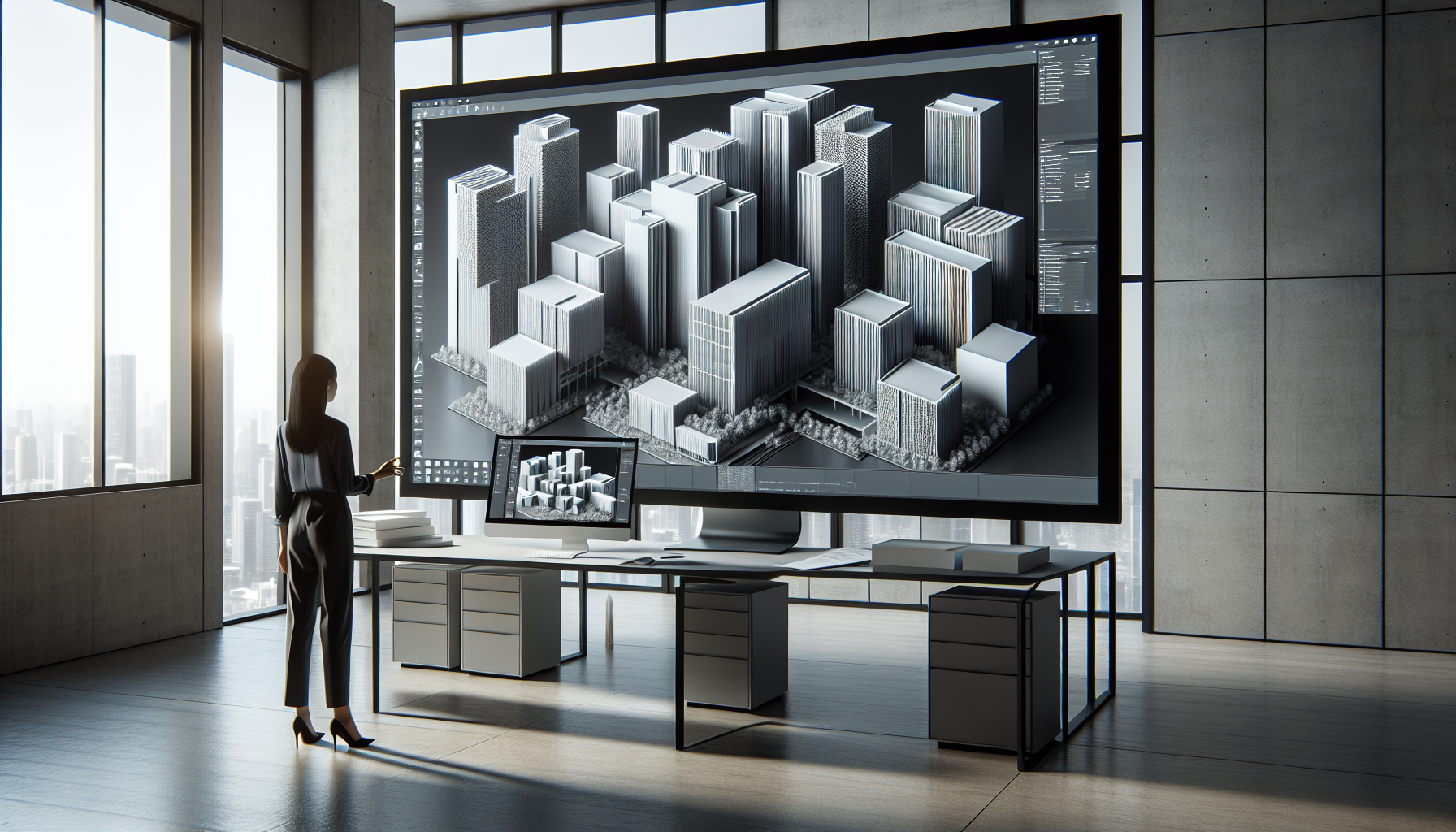 Architect reviewing multiple building massing options on large monitor