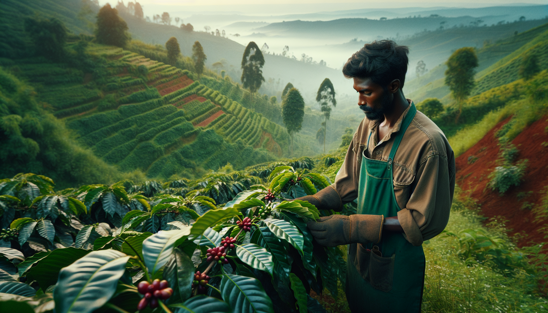 Smallholder coffee farmer inspecting plants on a hillside farm