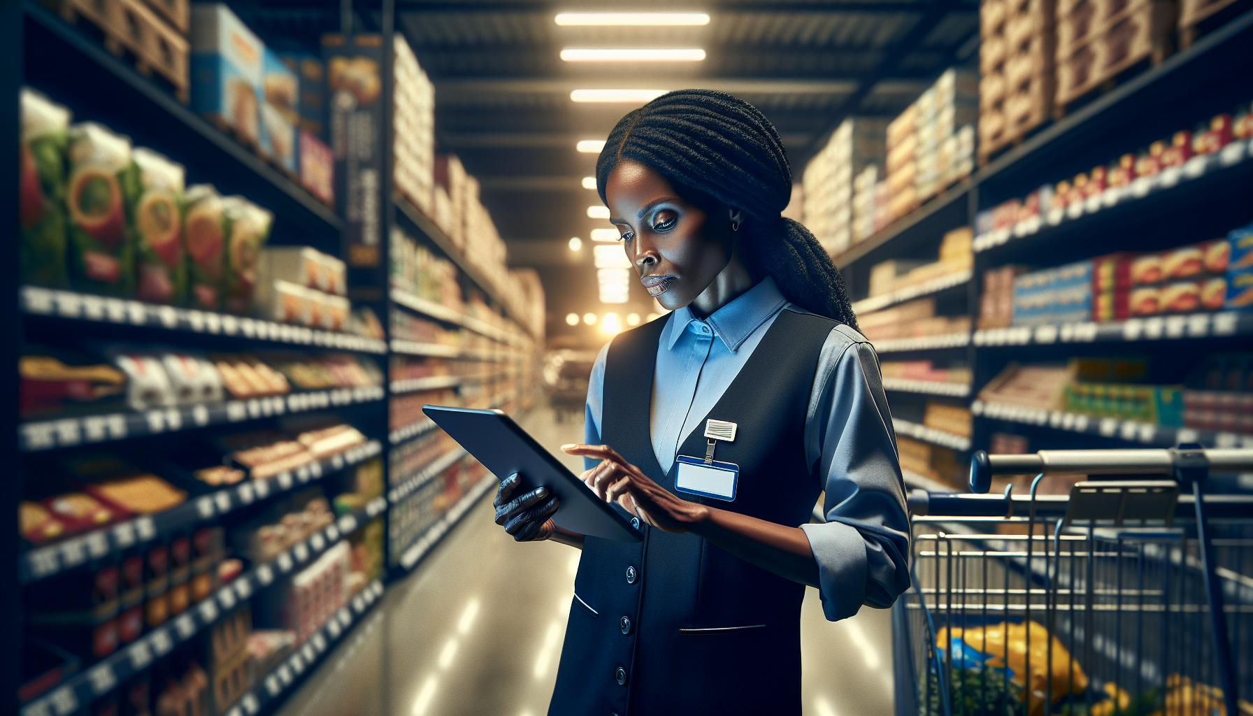 Retail employee reviewing tablet data while restocking store shelves