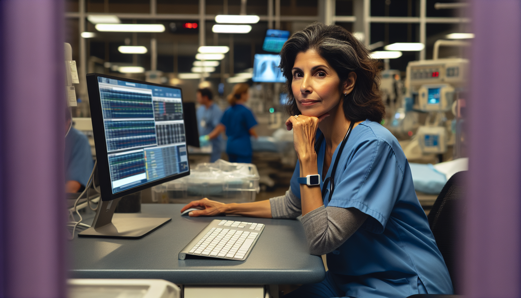 Experienced nurse reviewing documentation at a hospital workstation
