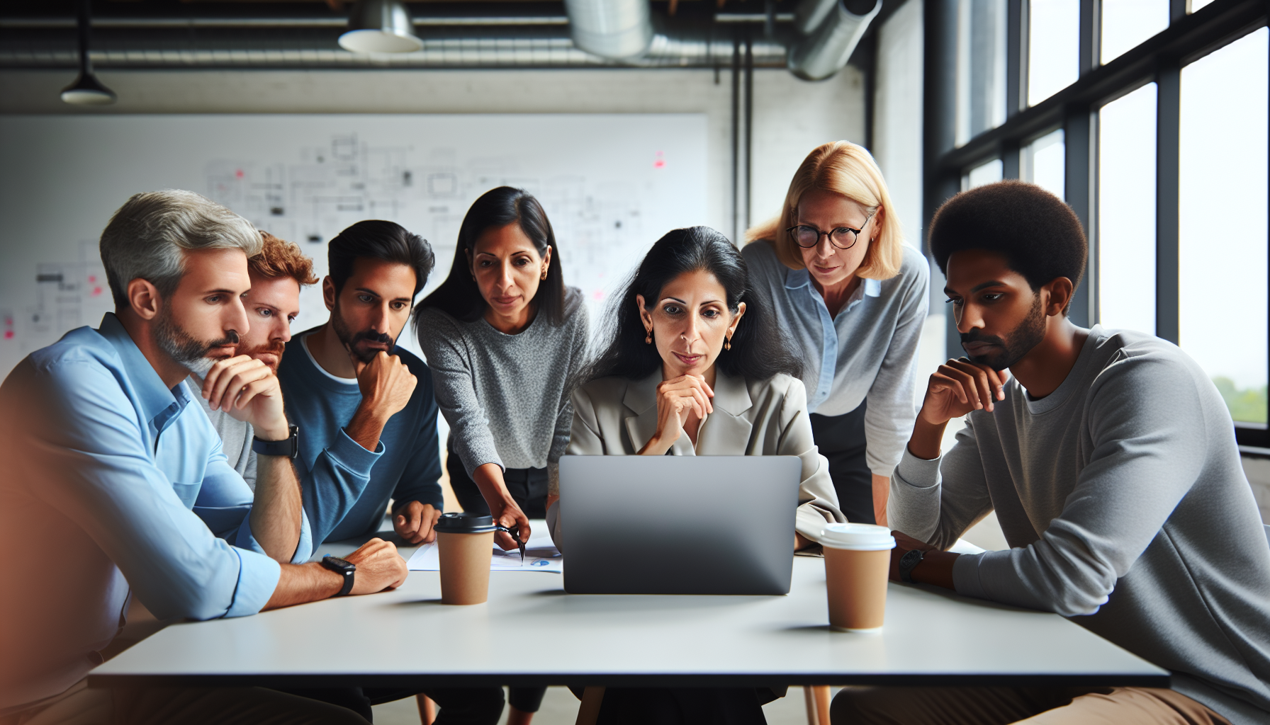 Manager and sales team gathered informally around a laptop in an office