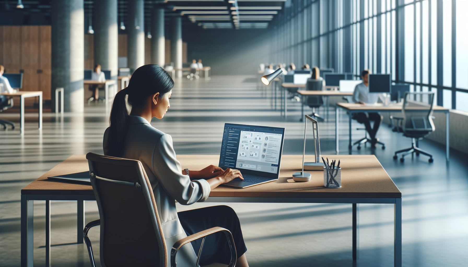 Employee at laptop in open office, working independently from IT team