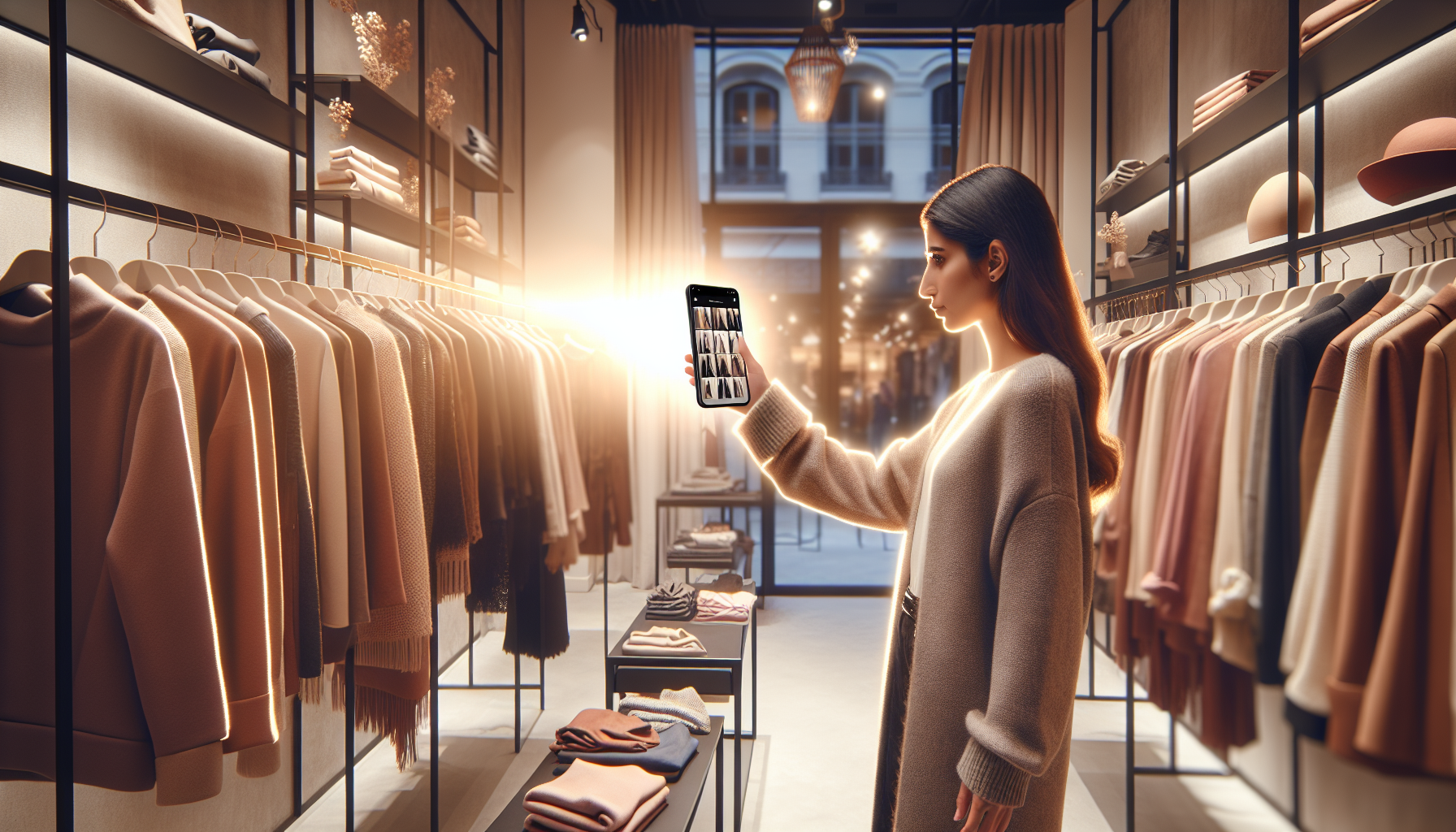 Shopper using a smartphone visual search app in a clothing store