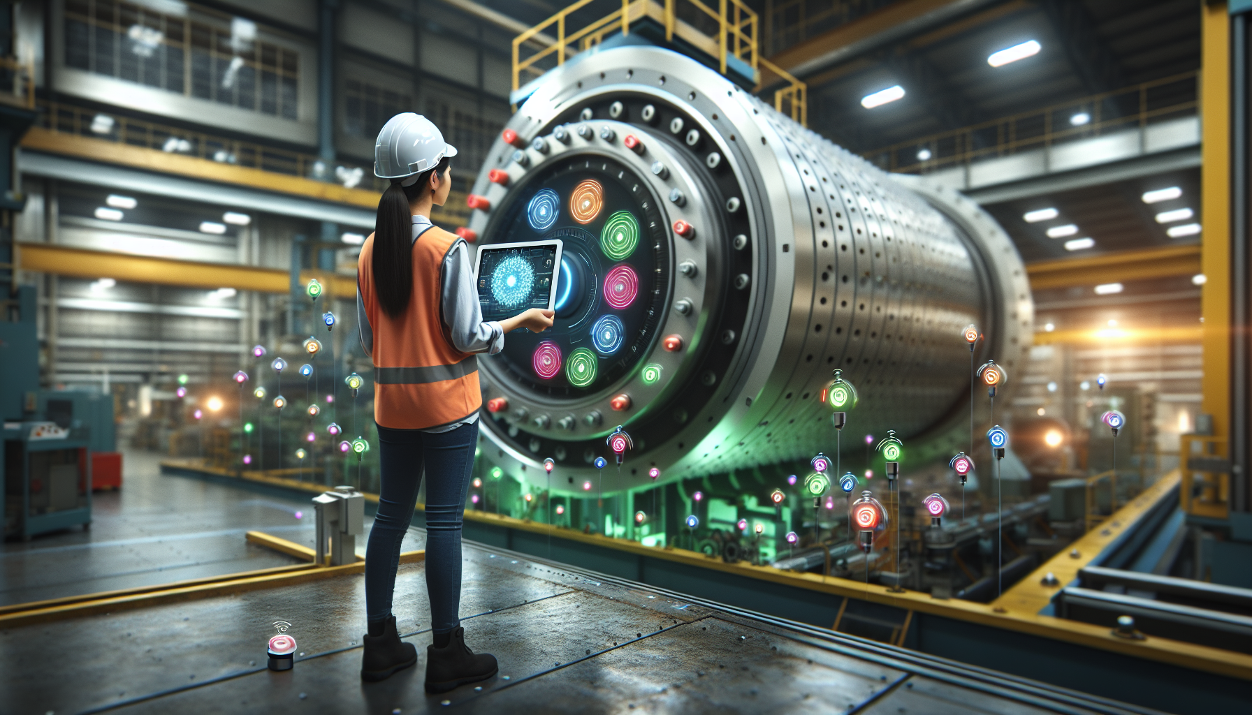 Technician reading equipment sensor data on tablet on factory floor