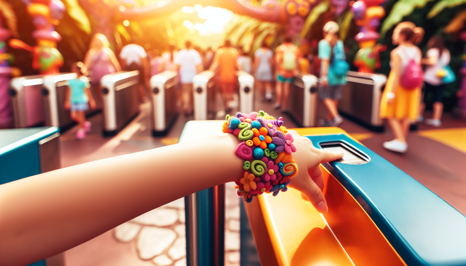 Guest wearing Disney MagicBand at theme park entrance gate