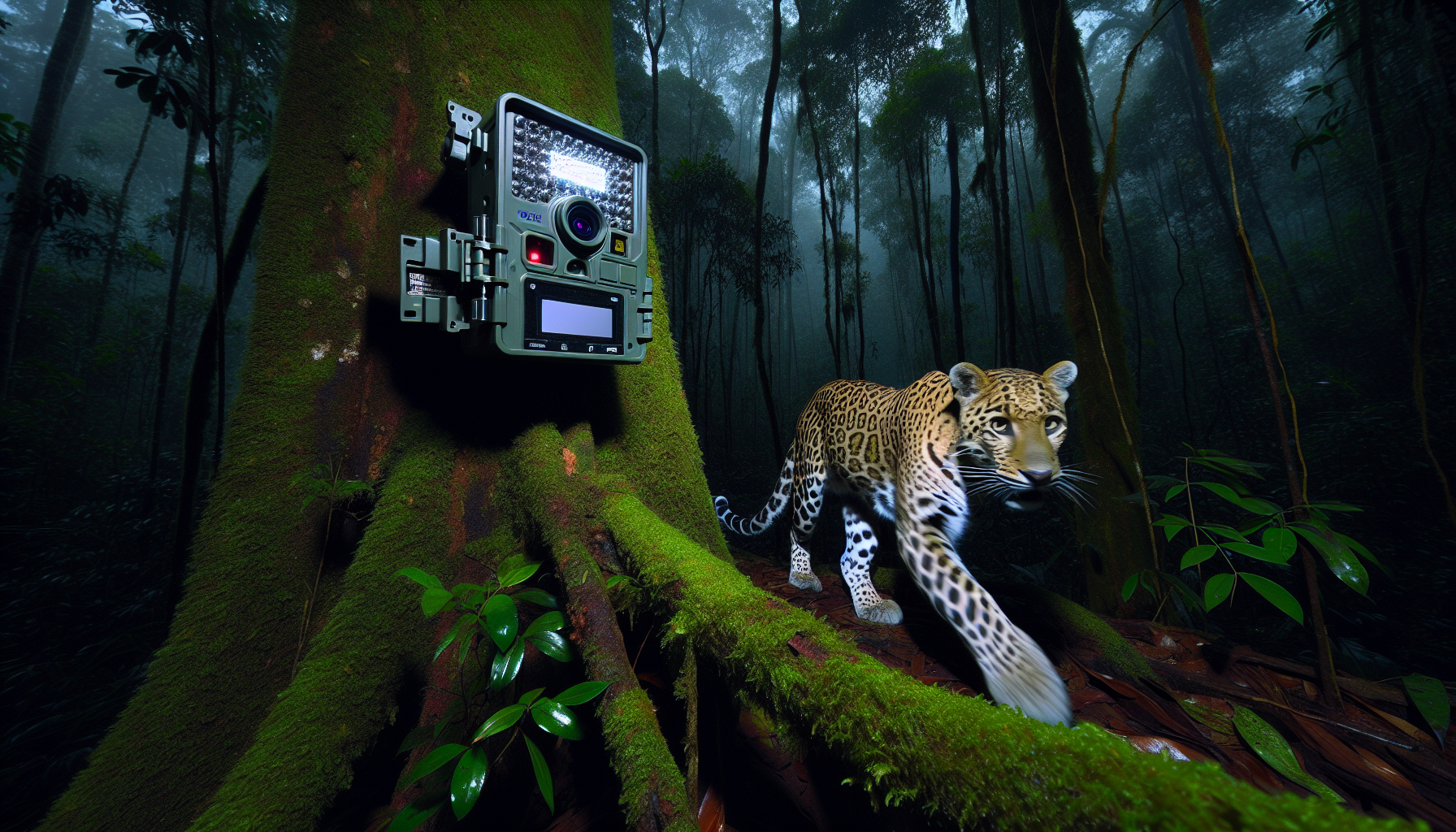 Camera trap photograph of a wild animal in dense forest
