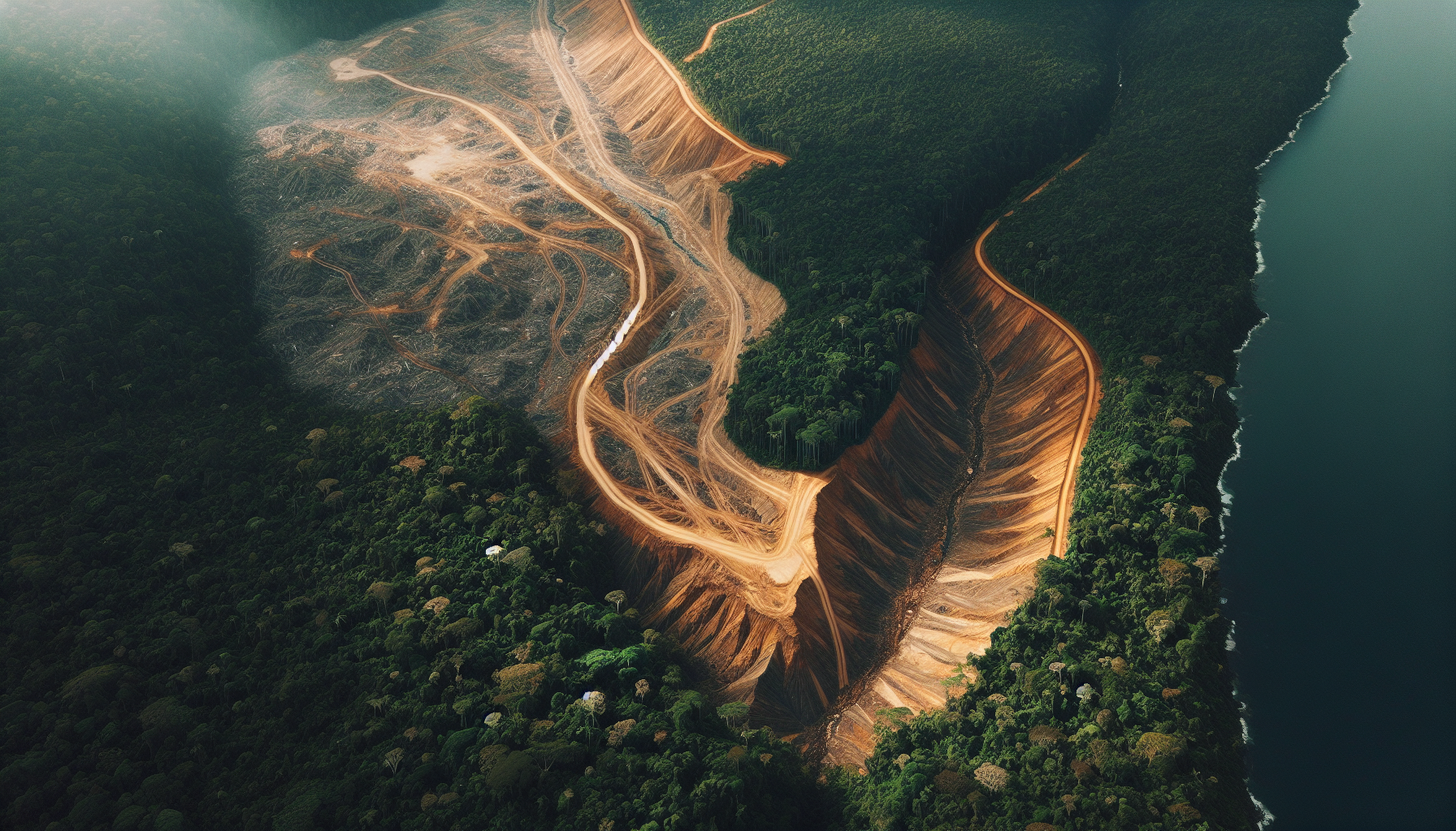 Aerial satellite view showing forest clearing and deforestation boundary