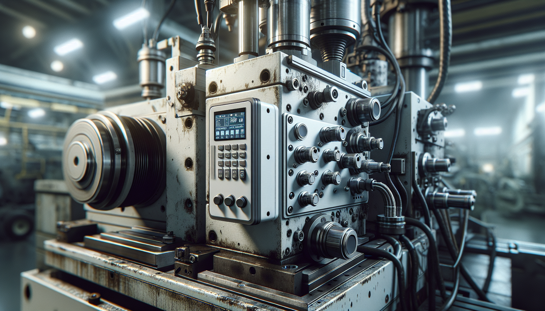 Legacy CNC machine on a factory floor with retrofit sensors attached