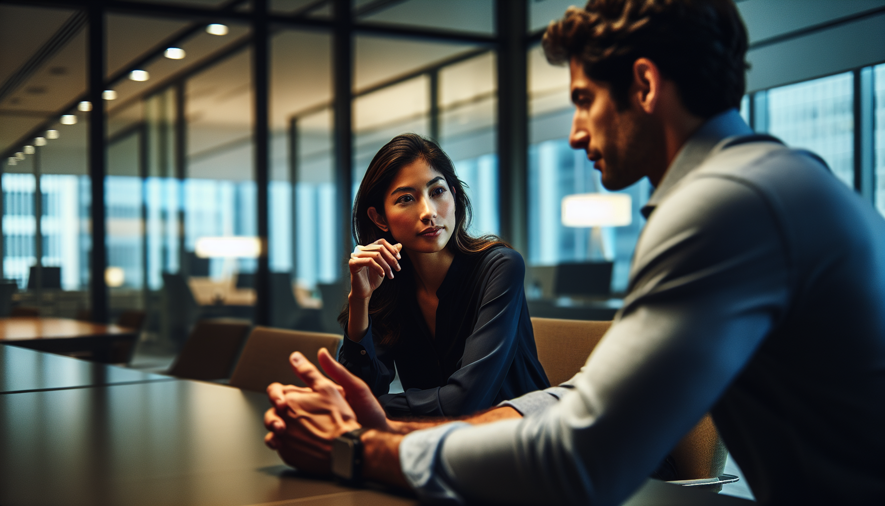 Manager in a one-on-one conversation with a team member in an office