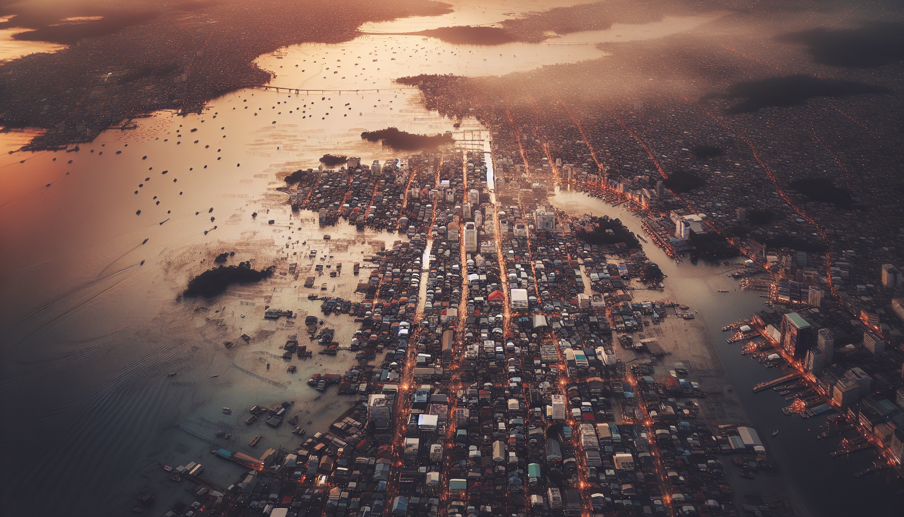 Aerial view of coastal city with visible flood zones and urban density