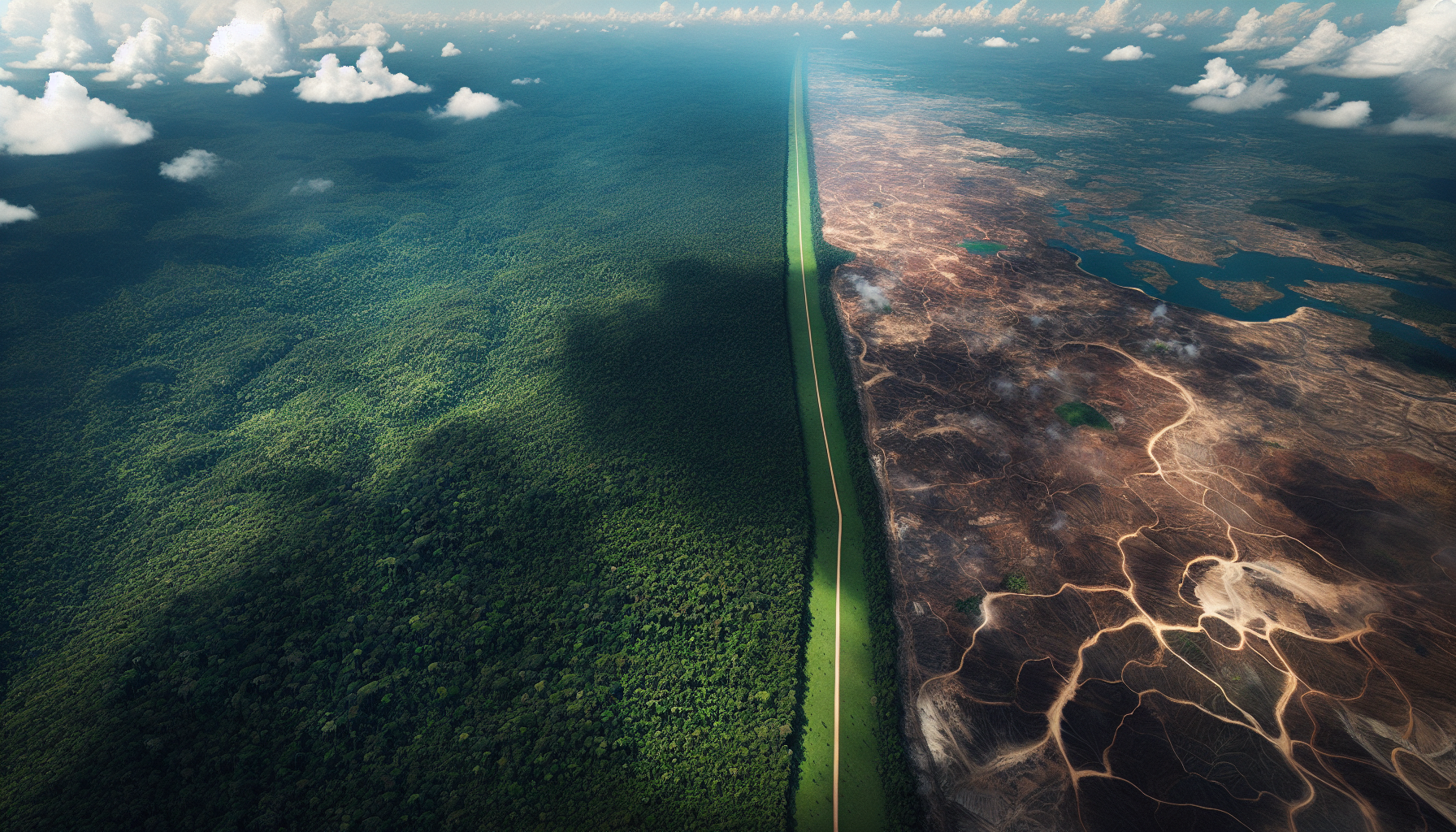 Satellite view of forested and deforested land showing environmental monitoring use case