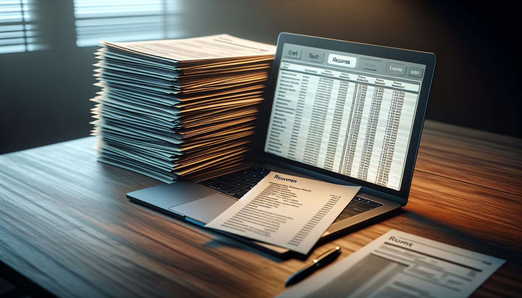 Stack of resumes on a desk next to a laptop screen